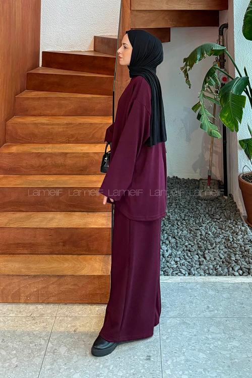 Claret Red Crew Neck Long Arm Cotton Polyester Regular Trousers Comfortable Suit