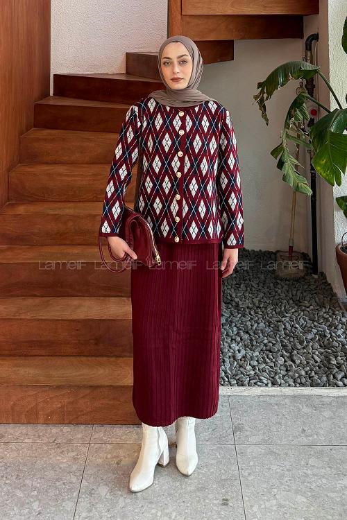 Lamelif Baklava Desen Etekli Triko Bordo-Lacivert