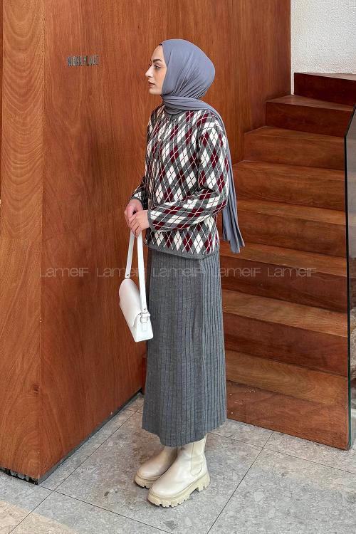 Lamelif Baklava Desen Etekli Triko Takım Antrasit-Bordo