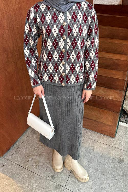 Lamelif Baklava Desen Etekli Triko Takım Antrasit-Bordo