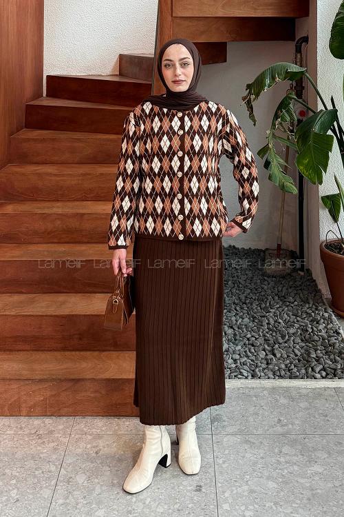 Lamelif Baklava Desen Etekli Triko Takım Camel