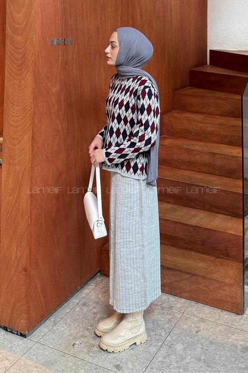 Lamelif Baklava Desen Etekli Triko Takım Gri-Bordo