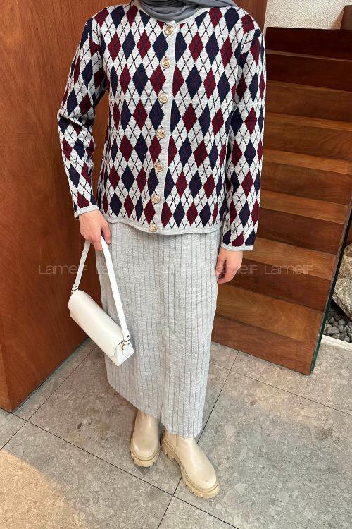 Lamelif Baklava Desen Etekli Triko Takım Gri-Bordo