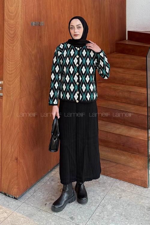 Lamelif Baklava Desen Etekli Triko Takım Siyah-Zümrüt