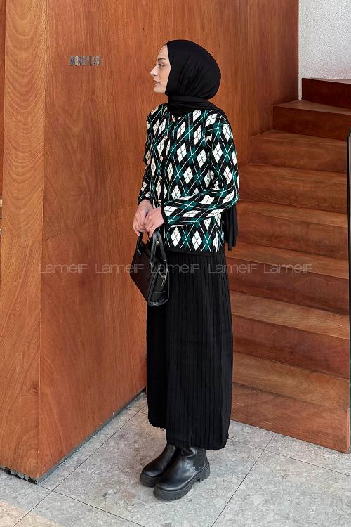 Lamelif Baklava Desen Etekli Triko Takım Siyah-Zümrüt