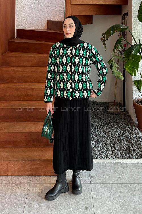 Lamelif Baklava Desen Etekli Triko Takım Yeşil