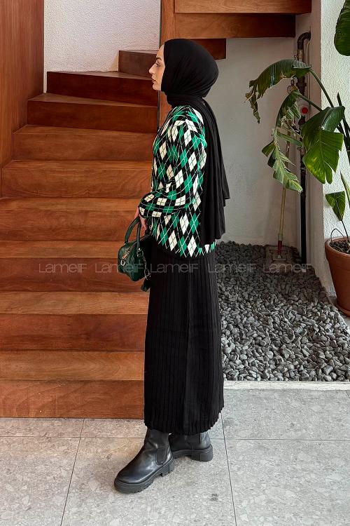 Lamelif Baklava Desen Etekli Triko Takım Yeşil