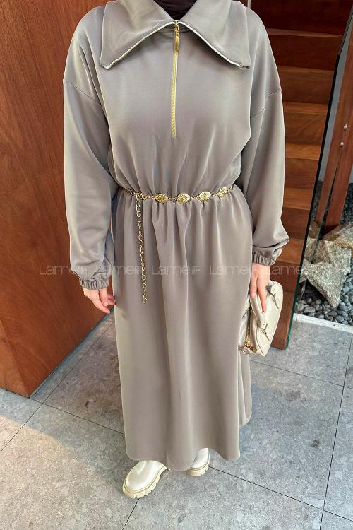 Sand Beige Choker Neck Cotton Dresess