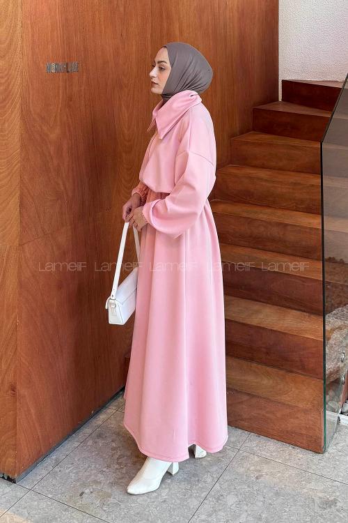 Lamelif Boğazlı Scuba Elbise Şeker Pembesi