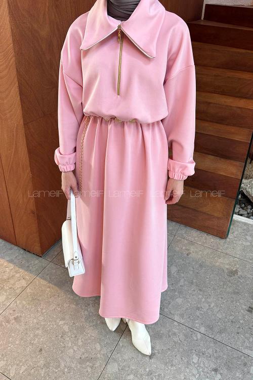 Lamelif Boğazlı Scuba Elbise Şeker Pembesi