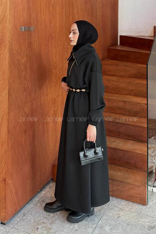 Lamelif Boğazlı Scuba Elbise Siyah