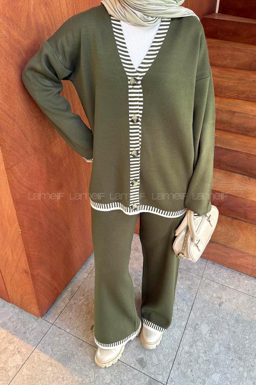 Lamelif Çizgili Triko Takım Haki
