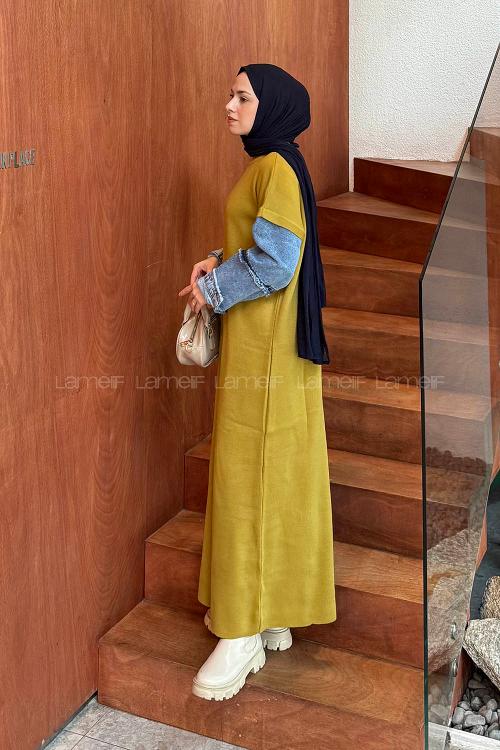 Oil Green Crew Neck Denim Dresess