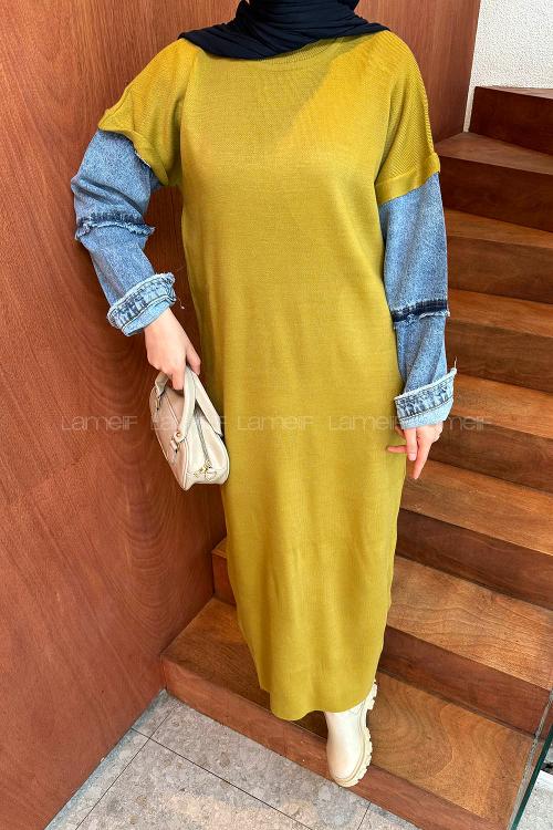 Oil Green Crew Neck Denim Dresess