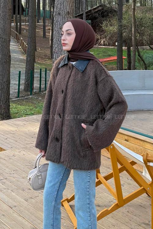 Lamelif Deri Yaka Mont Acı Kahve