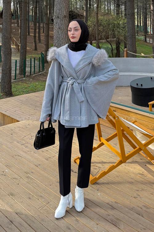 Lamelif Kapüşonlu Panço Gri