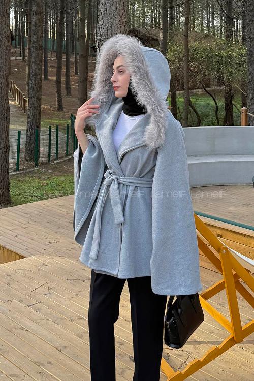 Lamelif Kapüşonlu Panço Gri