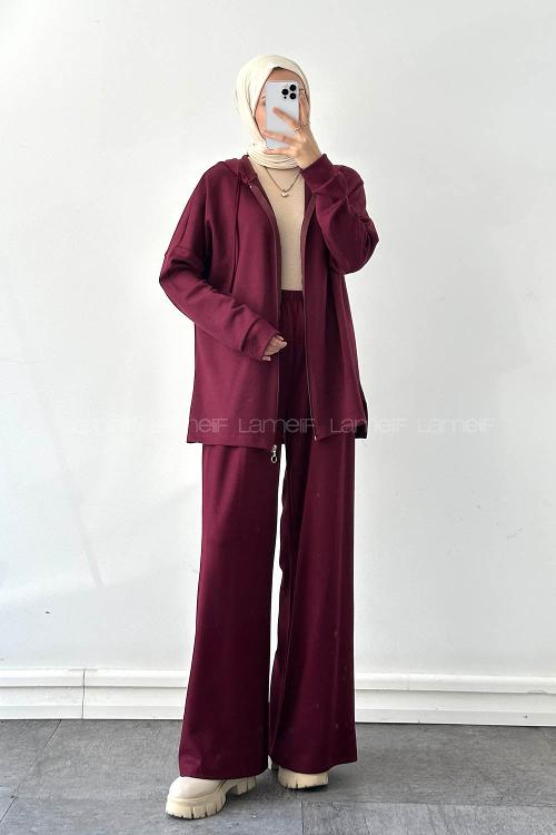 Plum Hood Neck Long Arm Cotton Regular Trousers Comfortable Suit