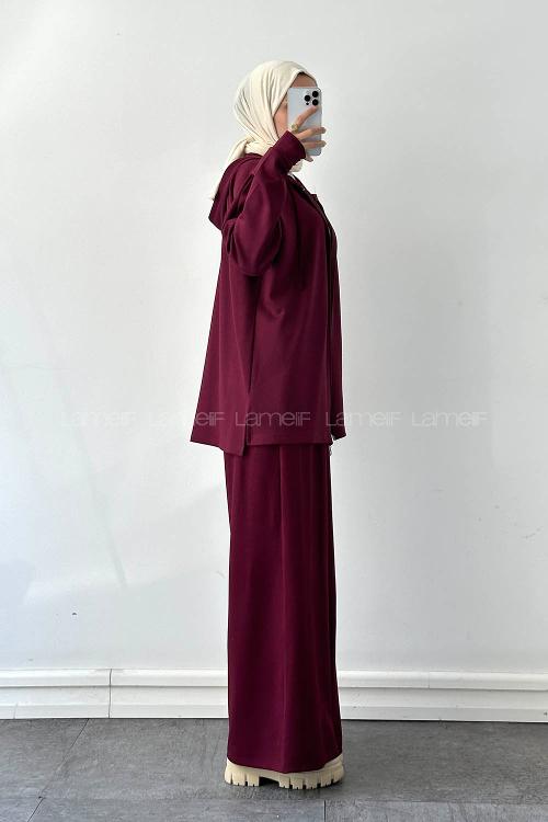 Plum Hood Neck Long Arm Cotton Regular Trousers Comfortable Suit