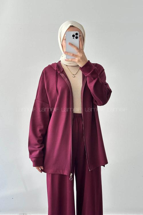 Plum Hood Neck Long Arm Cotton Regular Trousers Comfortable Suit