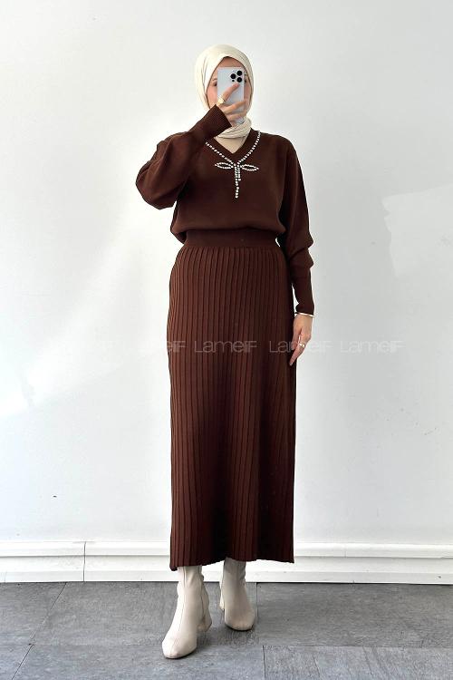 Lamelif Taş Detaylı Etekli İkili Takım Acı Kahve