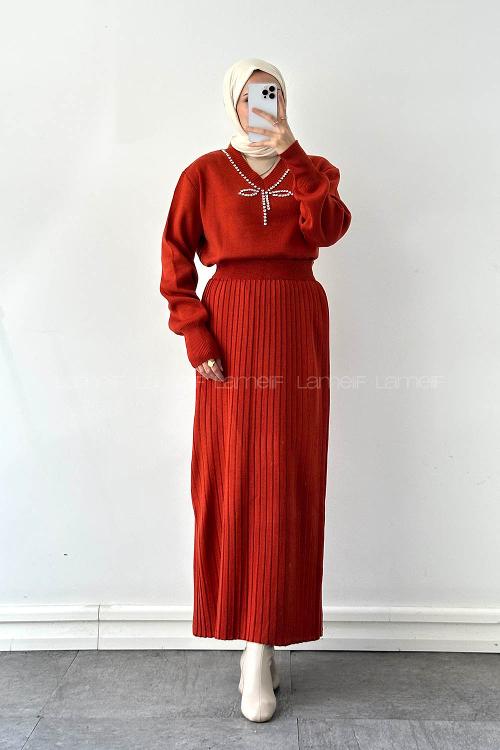 Lamelif Taş Detaylı Etekli İkili Takım Kiremit