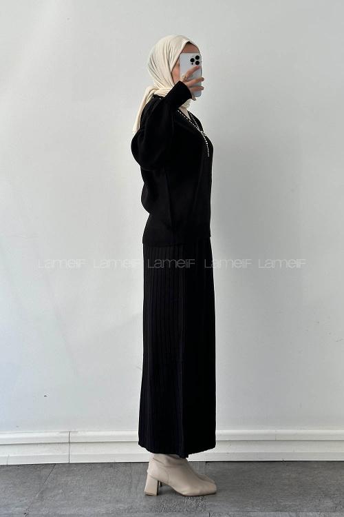 Lamelif Taş Detaylı Etekli İkili Takım Siyah