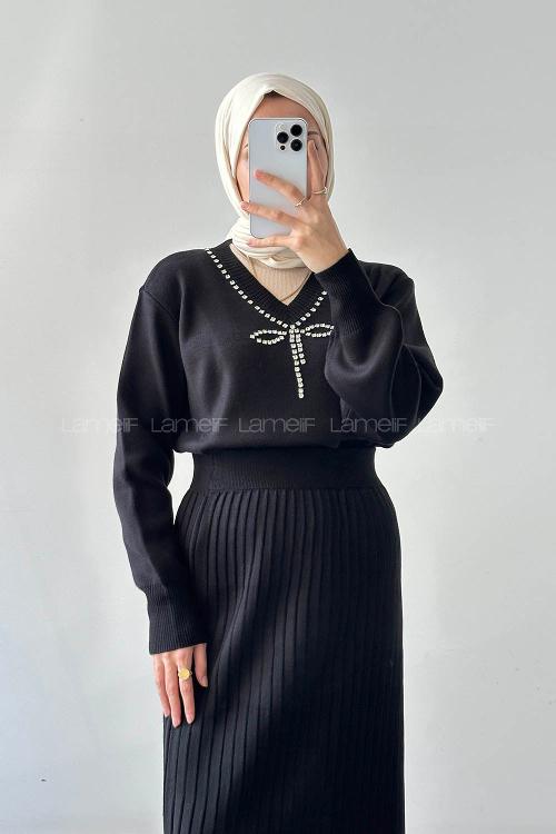 Lamelif Taş Detaylı Etekli İkili Takım Siyah