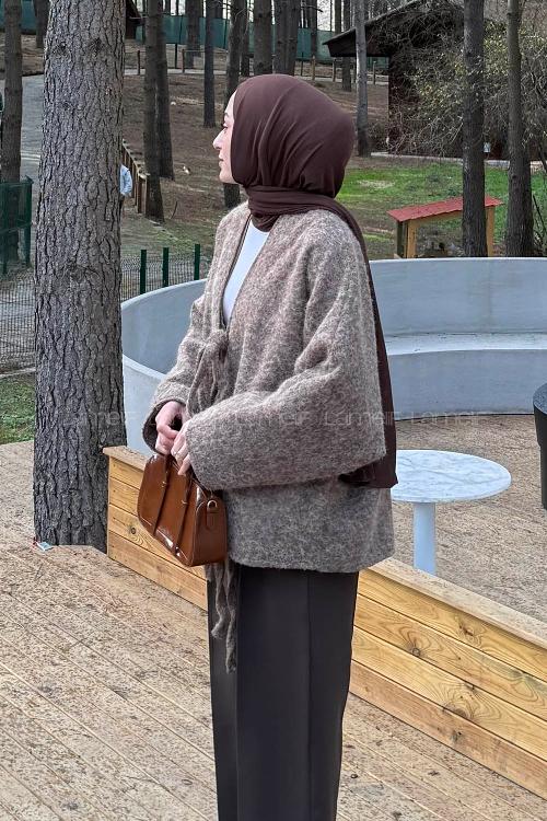 Lamelif Bağlamalı Kaşe Mont Kahverengi
