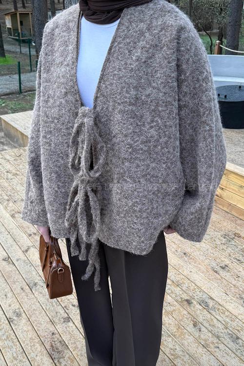 Lamelif Bağlamalı Kaşe Mont Kahverengi