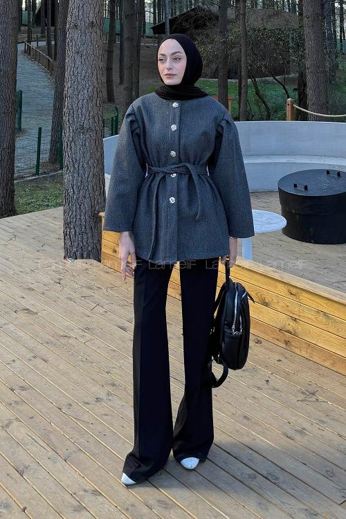 Lamelif Bel Lastikli Bağlama Detaylı Ceket Antrasit