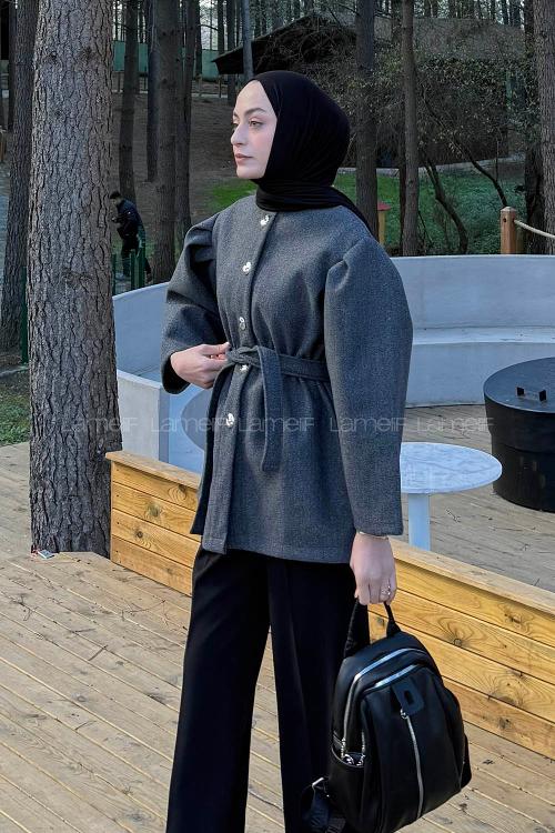 Lamelif Bel Lastikli Bağlama Detaylı Ceket Antrasit