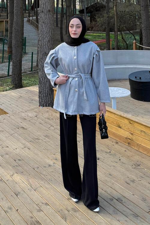 Lamelif Bel Lastikli Bağlama Detaylı Ceket Gri