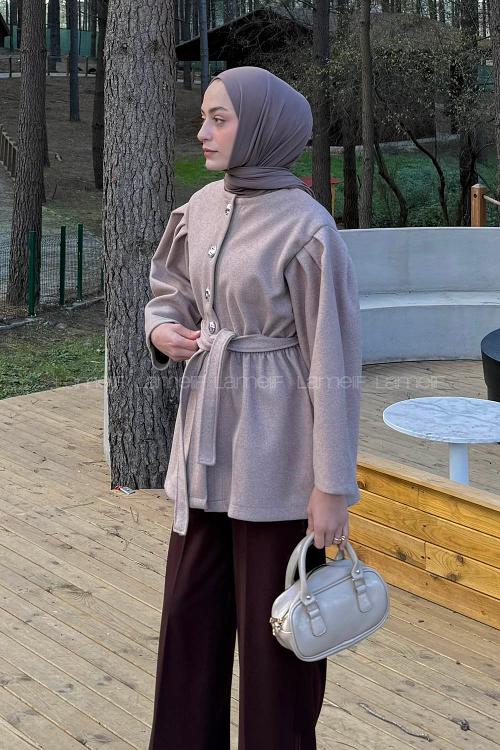Lamelif Bel Lastikli Bağlama Detaylı Ceket Vizon