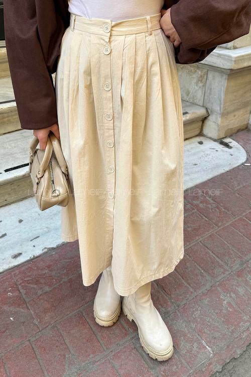 Lamelif Düğme Detaylı Pileli Etek Bej
