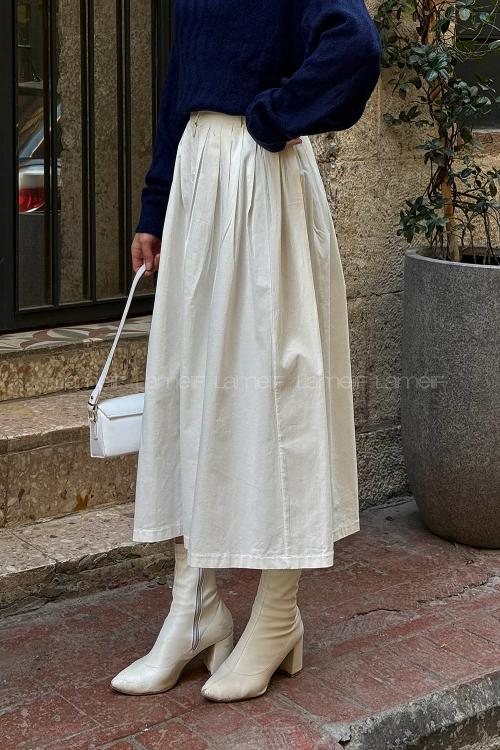 Lamelif Düğme Detaylı Pileli Etek Ekru