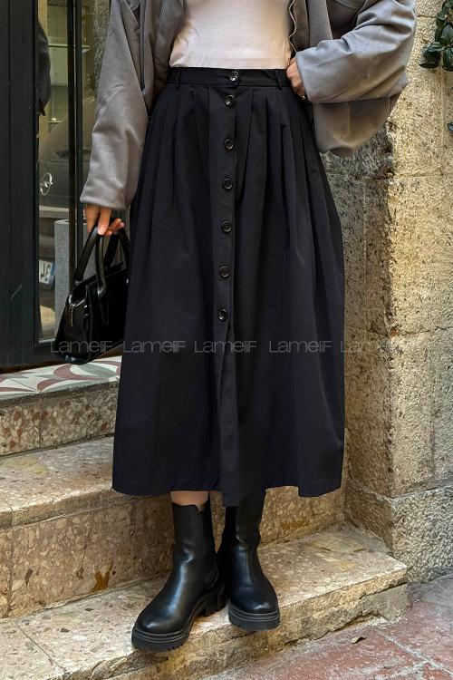 Lamelif Düğme Detaylı Pileli Etek Siyah