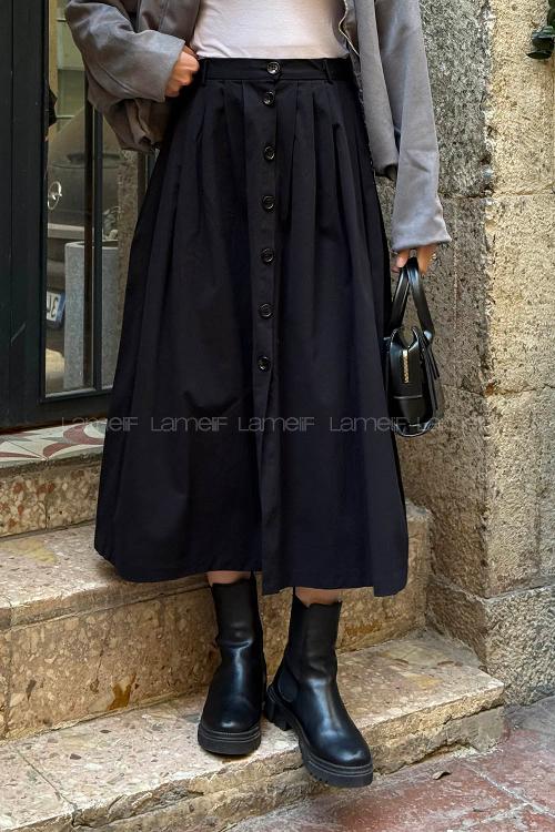 Lamelif Düğme Detaylı Pileli Etek Siyah