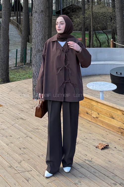 Lamelif Fiyonk Detaylı Trençkot Kahverengi