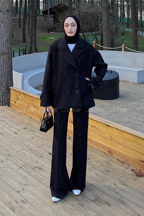 Lamelif Kısa Kaşe Mont Siyah