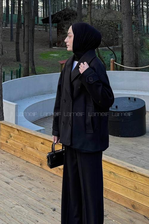 Lamelif Kısa Kaşe Mont Siyah