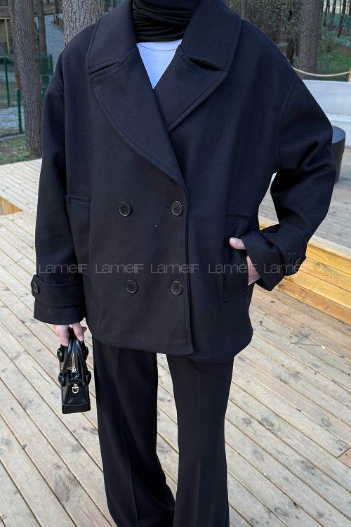 Lamelif Kısa Kaşe Mont Siyah