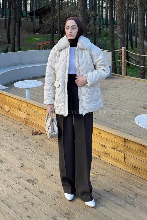 Lamelif Kürk Yaka Şişme Mont Taş Rengi