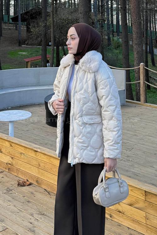 Lamelif Kürk Yaka Şişme Mont Taş Rengi