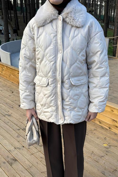 Lamelif Kürk Yaka Şişme Mont Taş Rengi