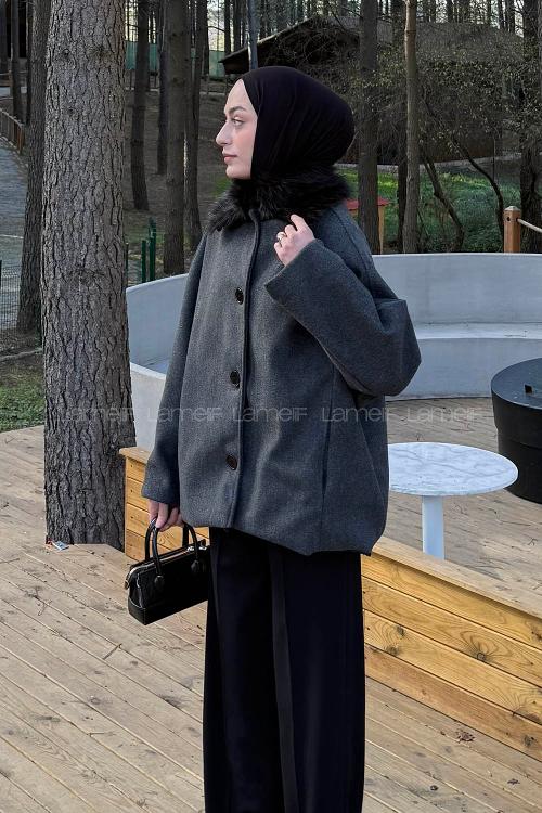 Lamelif Kürk Yakalı Kaban Antrasit