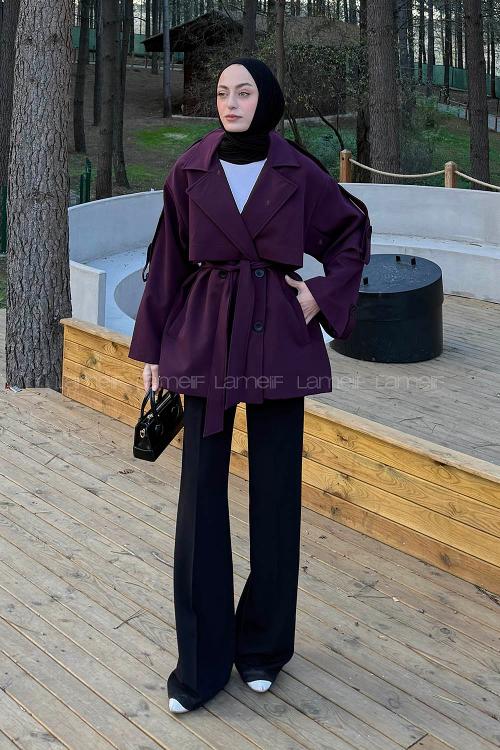 Lamelif Omuz Apoletli Kısa Trençkot Mürdüm