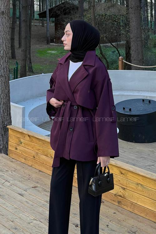 Lamelif Omuz Apoletli Kısa Trençkot Mürdüm