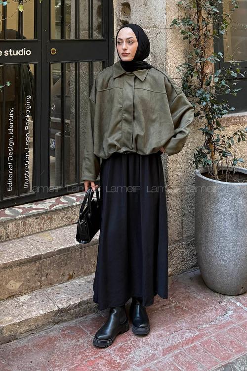 Lamelif Omuz Apoletli Süet Ceket Haki