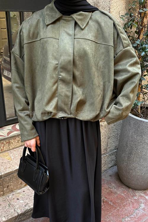 Lamelif Omuz Apoletli Süet Ceket Haki